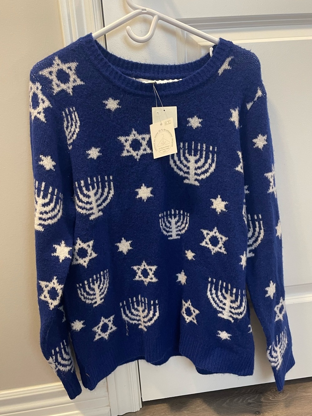 cupcakes & cashmere Blue and White Hanukkah Crewneck Sweater